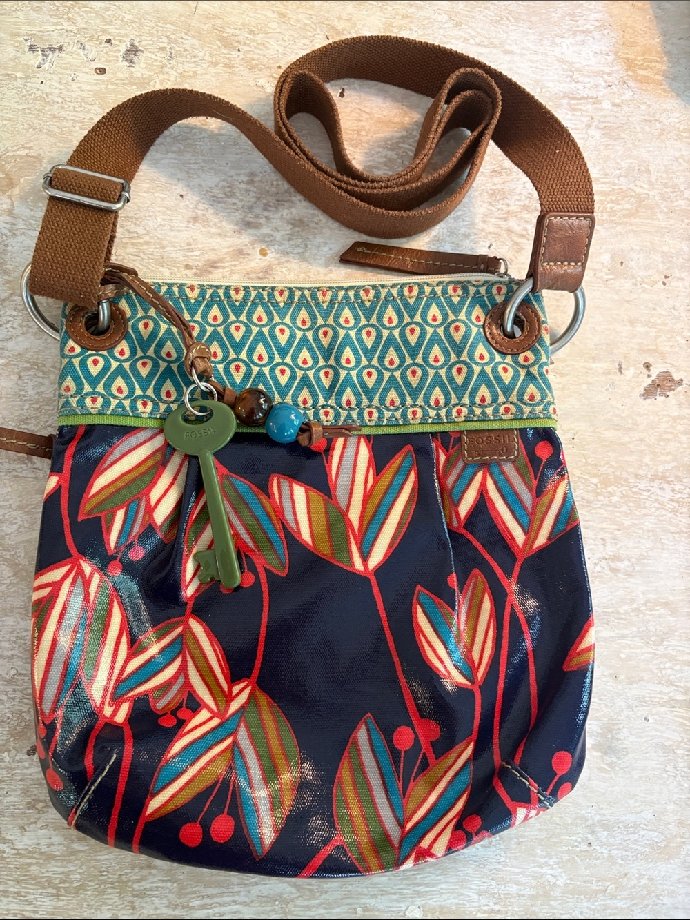 Fossil Navy Multicolor Floral Print Crossbody with Brown Strap NWOT